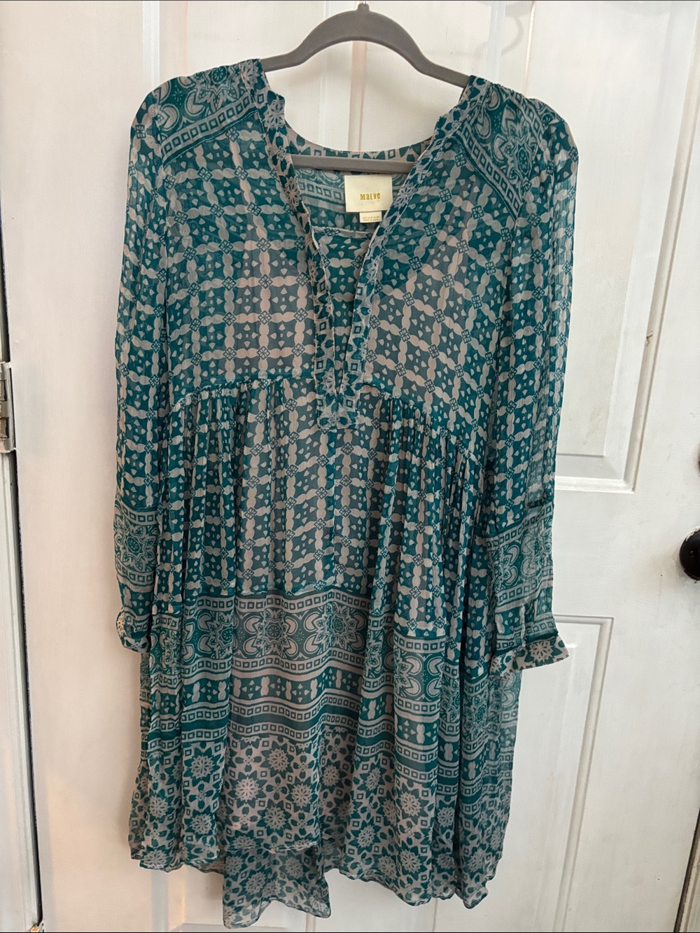Maeve Teal and Ivory Patterned Boho Shift Dress